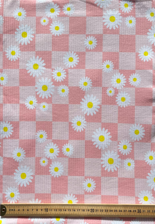 Daisy Meadow Pink Check Organic Cotton Rib Knit 250gsm Fabric