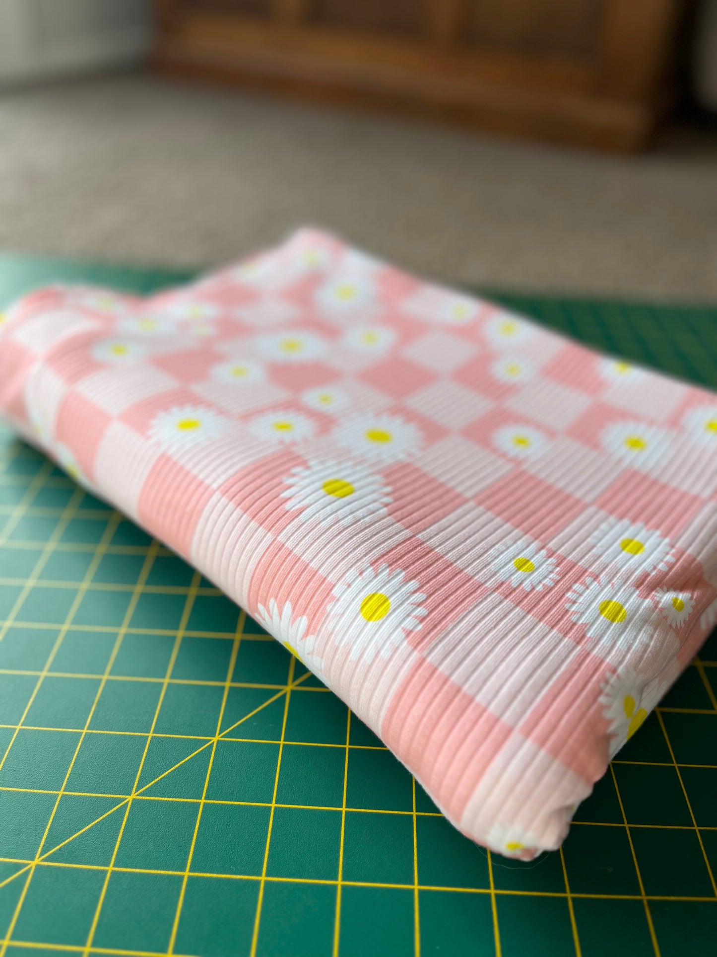 Daisy Meadow Pink Check Organic Cotton Rib Knit 250gsm Fabric