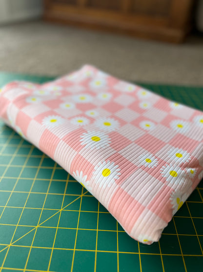 Daisy Meadow Pink Check Organic Cotton Rib Knit 250gsm Fabric